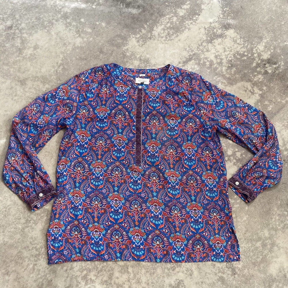 Ann Taylor LOFT The Softened Shirt Blue Floral Long Sleeve Popover Womens Medium